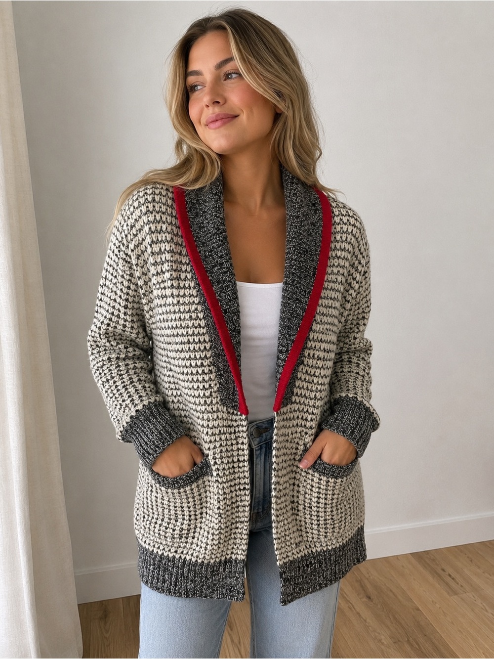 Bluenotes White & Gray Knit Shawl Cardigan with Red Trim